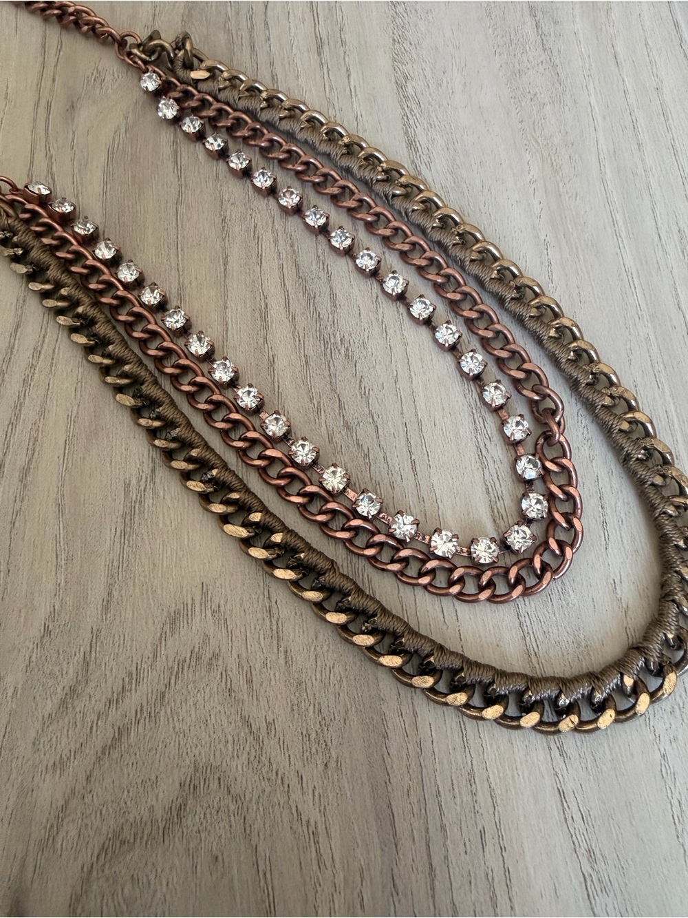 Stella & Dot Multi-Row Rose Gold and Antique Gold Crystal Necklace
